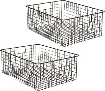 mDesign Metal Wire Food Storage Basket Organizer with Handles for Organizing Kitchen Cabinets, Pantry Shelf, Bathroom, Laundry Room, Closets, Garage - Concerto Collection - 2 Pack - Bronze