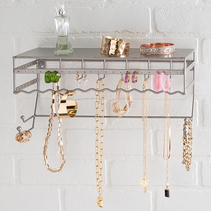 Simplify Wall Mounted Jewelry Organizer | Dimensions: 14.6"x 3.9"x 7.5" | 1 Tier | Home Organization | Great for Bracelets | Necklaces | Earrings | Satin Finish | Mirror Base Shelf