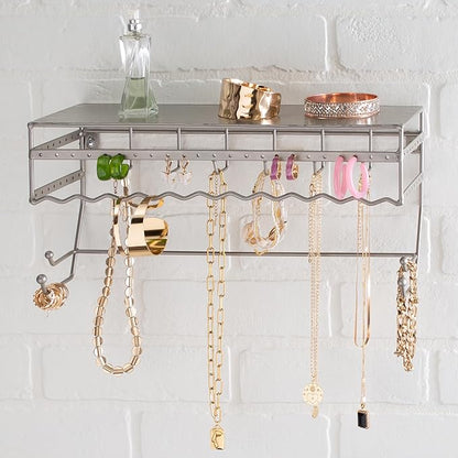 Simplify Wall Mounted Jewelry Organizer | Dimensions: 14.6"x 3.9"x 7.5" | 1 Tier | Home Organization | Great for Bracelets | Necklaces | Earrings | Satin Finish | Mirror Base Shelf