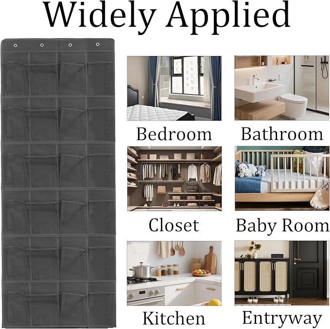 Black Over Door Shoe Organizer, 24 Large Pockets Hanging Storage for Closet Organization, Space Saving Shoe Rack and Accessory Holder