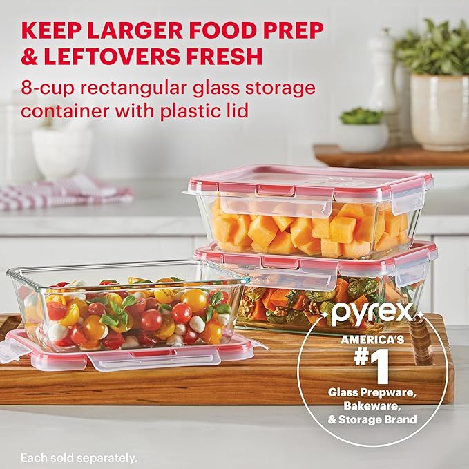 Pyrex Freshlock Glass Food Storage Container, Airtight & Leakproof Locking Lids, Freezer Dishwasher Microwave Safe, 8 Cup (Pack of 2)