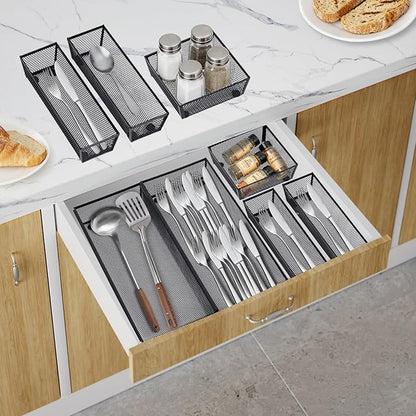 Neudeco Drawer Organizer - 5 Pack Metal Mesh Silverware Tray with Interlocking Design, 5 Compartment Cutlery Organizer for Kitchen Utensils, Black (15x6.2x2 inches)