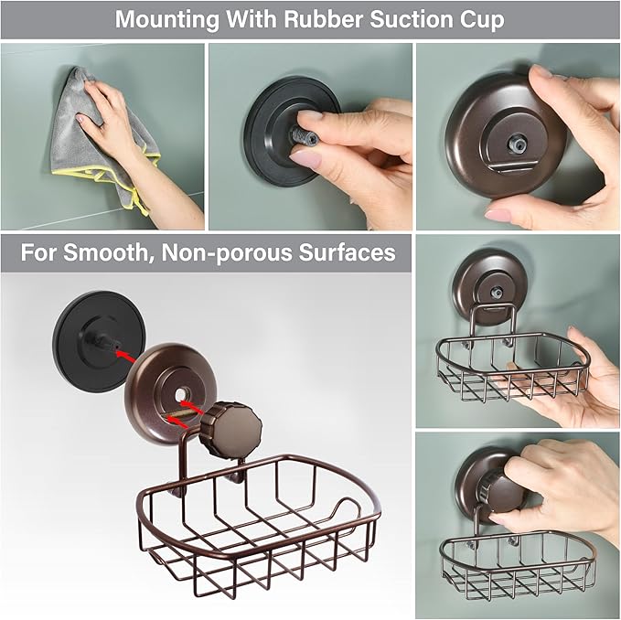 HASKO 2 Pack Suction Cup Soap Dish for Shower Wall, Rustproof Stainless Steel, Shower Soap Holder with Hooks, Includes Optional No Drill Adhesive Mount for Bathroom, 2 Soap Savers, Bronze