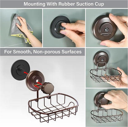 HASKO 2 Pack Suction Cup Soap Dish for Shower Wall, Rustproof Stainless Steel, Shower Soap Holder with Hooks, Includes Optional No Drill Adhesive Mount for Bathroom, 2 Soap Savers, Bronze
