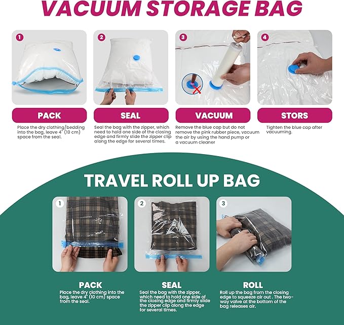 HealSmart Vacuum Storage Bags - 30 Pack Space Saver, Vacuum Sealed for Clothes, Comforters, Blankets, Pillows - Hand Pump Included (5 Jumbo/5 L/5 M/5 S/5 Roll M/5 Roll S)