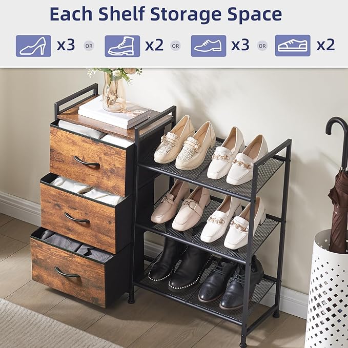 Somdot Shoe Rack, 3 Tier Shoe Organizer with 3 Drawers, Metal Shoe Storage Shelf for 6-9 Pairs of Shoes with Fabric Shelves and Wooden Top, Narrow Shoe Rack for Entryway, Wood Grain Print