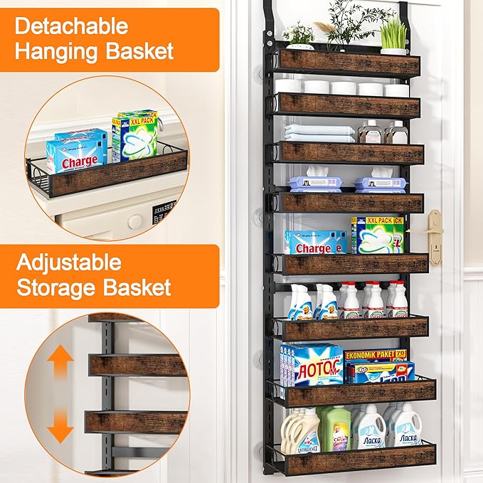8 Tier Over The Door Pantry Orangizer 2 IN 1 Wall Mounted or Hanging Spice Rack with Adjustable Wood Basket,Heavy Duty Seasoning Storage Shelf for Kitchen Pantry and Bathroom