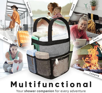 DV Lifestyle Mesh Shower Caddy Dorm, 7 Pockets & 1 with Zipper, Shower Tote with Padded Handles, Travel Portable, Shower Caddy College Room Essentials, Bathroom Shower Bag (Black)