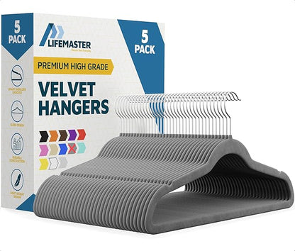 Lifemaster Velvet Clothes Hangers – with 360 Degree Swivel Hook and Non-Slip Shoulder Notch, Holds Up to 10 lbs, Heavy Duty Hanger Set, for Organizing Suit, Dress, Coat, and Clothes, Pack of 5, Gray