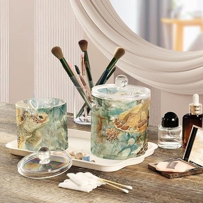 2 Pack Qtip Dispenser Apothecary Jars with Lids Cotton Round Holder Bathroom Canisters for Cotton Swab Floss Ball Pads Clear Plastic Decorative Sea Turtle Starfish Plants