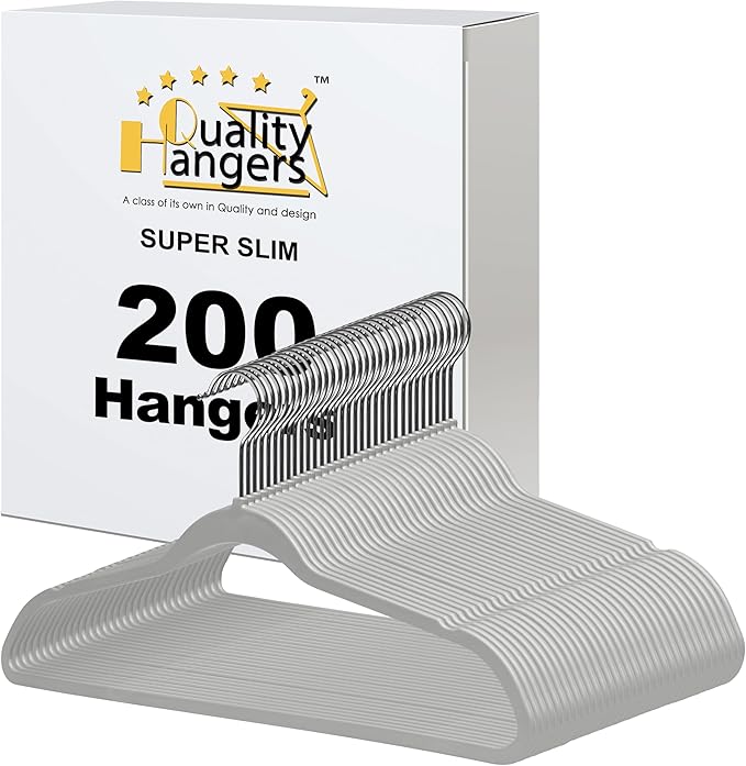 Quality Hangers 200 Pack Slim Plastic Hangers for Clothes - 16.5" Won't Crease Your Clothes, Heavy Duty Non-Velvet Gray Hangers, 360° Swivel Chrome Hook Dresses Coats Shirts