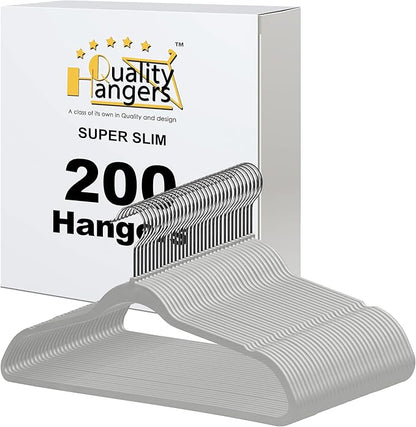Quality Hangers 200 Pack Slim Plastic Hangers for Clothes - 16.5" Won't Crease Your Clothes, Heavy Duty Non-Velvet Gray Hangers, 360° Swivel Chrome Hook Dresses Coats Shirts