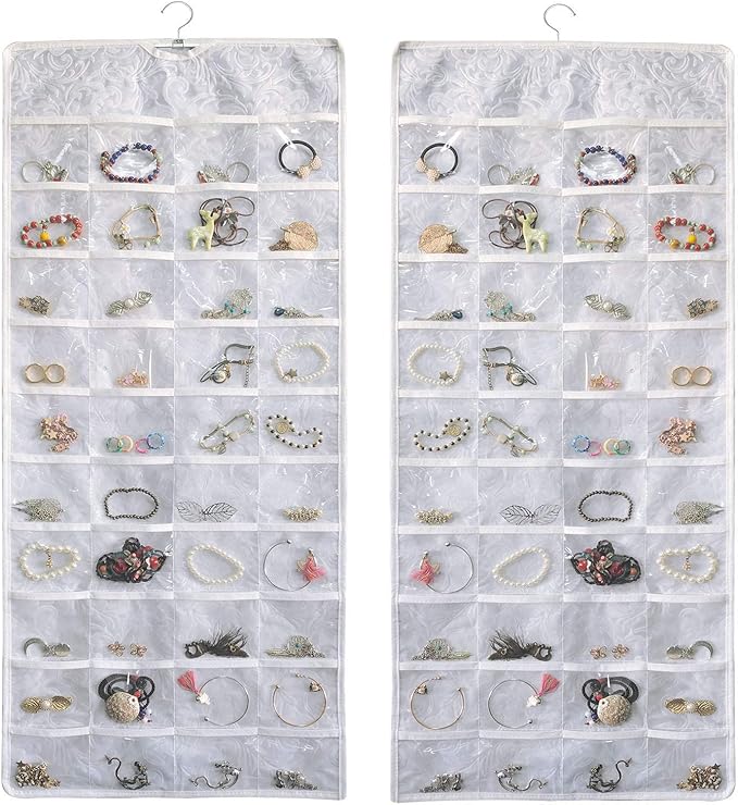 BB Brotrade Hanging Jewelry Organizer, Double-Sided Jewelry Storage Organizer with Embossed Pattern, 80 Clear PVC Pockets for Holding Jewelries (White)