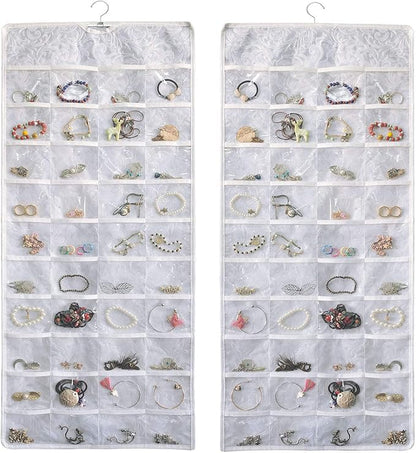 BB Brotrade Hanging Jewelry Organizer, Double-Sided Jewelry Storage Organizer with Embossed Pattern, 80 Clear PVC Pockets for Holding Jewelries (White)
