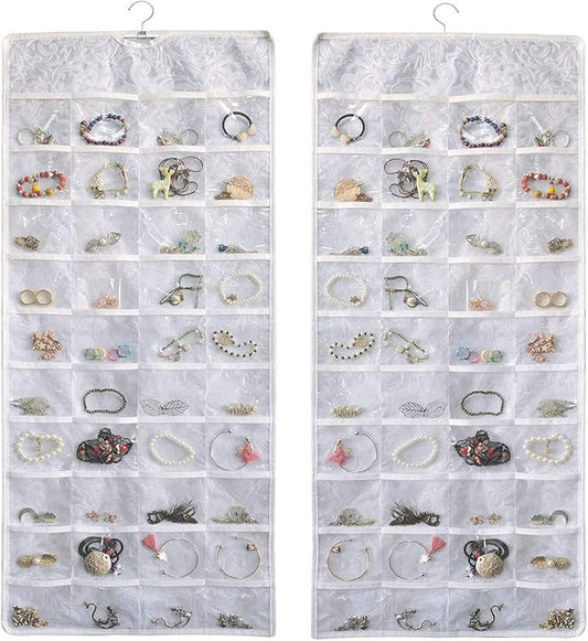BB Brotrade Hanging Jewelry Organizer, Double-Sided Jewelry Storage Organizer with Embossed Pattern, 80 Clear PVC Pockets for Holding Jewelries (White)