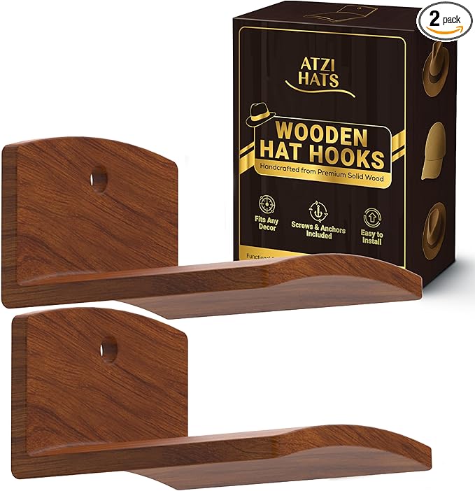 Cowboy Hat Hooks for Wall – Set of 2 Wooden Hat Holder Rack for Fedora, Western, Baseball & Sun Hats – Rustic Red Sandalwood Hooks for Home, Closet, Entryway, Rustic Hat Rack