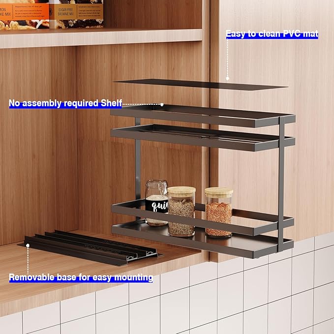 Mustorn 4 Pack Pull Out Spice Rack Organizer for Cabinet, 2 Tier Metal Slide Out Seasoning Organizer and Storage Heavy Duty Vertical Spice Rack Shelf Pullout for Kitchen Cabinets No Drilling (Black)