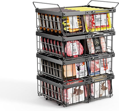 Deep freezer organizer bins-Fit 10 to 20 Cu.FT，4 Pcs stackable wire baskets for freezer，Vegetable Fruit Basket，kitchen countertop organizer，pantry organizers and storage，Expandable length 11.42-17.91"