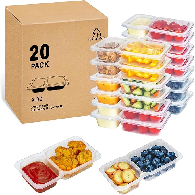 MACTANO Reusable Snack Containers with Lids, 9 oz Double Compartment Plastic Snack Pack Containers Portion Control Meal Prep Snack Boxes BPA Free 20 Sets for Work Travel School