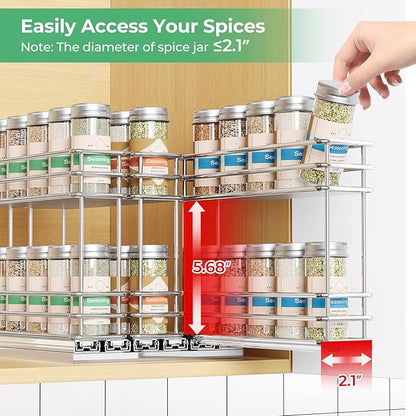 Mystozer Pull Out Spice Rack Organizer for Cabinet, Slide Out Spice Racks, Easy to Install Spice Cabinet Organizers, 7.4" Wx10.43 Dx8.26 H, 3 Drawers 2 Tiers(Silver)