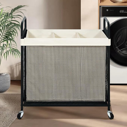 STO STO Laundry Hamper 3 Section, 120L Rolling Laundry Sorter Cart with Removable and Washable Liner Bag, Clothes Hamper with Wheels and Metal Handle for Laundry Room and Bedroom