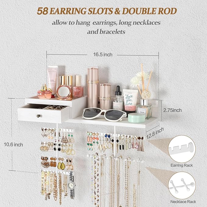 VINAEMO Jewelry Organizer Hanging Wall Mounted Jewelry Holder with Rustic Wood Drawer & Large Capacity Storage Shelf Rack Display for Earrings Rings Necklaces Bracelet(White Iron)