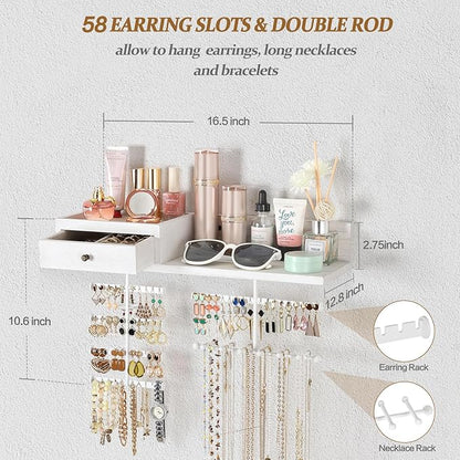VINAEMO Jewelry Organizer Hanging Wall Mounted Jewelry Holder with Rustic Wood Drawer & Large Capacity Storage Shelf Rack Display for Earrings Rings Necklaces Bracelet(White Iron)