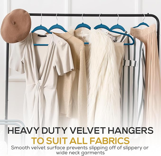 Techzoo Premium Velvet Hangers 50 Pack Ultra Thin Non Slip Adult Felt Space Saving Slim Suit Hanger for Closet Heavy Duty Coat Pants Jackets Dress Hangers 360° Swivel Hook Hold Upto 10 lbs Blue