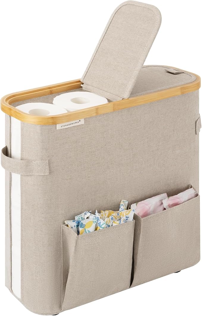 StorageWorks Toilet Paper Storage Baskets with Dual Flip Lids, Toilet Paper Organizer for Bathroom, Toilet Paper Container with Side Pocket, Holds 9 Mega or 12 Regular Rolls, Medium, Light Khaki