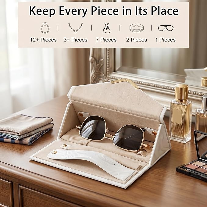 2-in-1 Travel Jewelry and Glasses Organizer, Foldable Case for Necklaces, Earrings, Rings, Bracelets, Pink Marble (White)