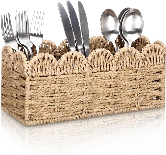 Scalloped Paper Rope Utensil Holder for Party Silverware Caddy 3 Compartment Utensil Basket Small Cutlery Holder for Party Kitchen Table Countertop Spoon Knives Fork Flatware Caddy Basket