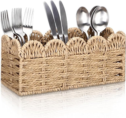 Scalloped Paper Rope Utensil Holder for Party Silverware Caddy 3 Compartment Utensil Basket Small Cutlery Holder for Party Kitchen Table Countertop Spoon Knives Fork Flatware Caddy Basket