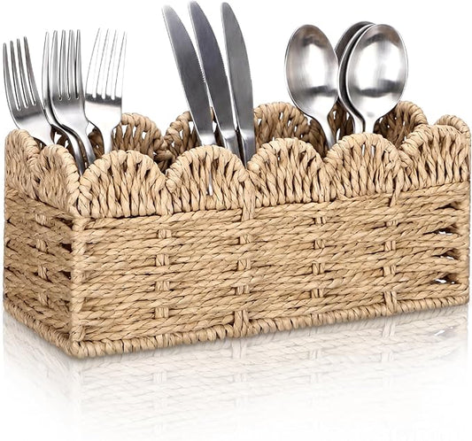 Scalloped Paper Rope Utensil Holder for Party Silverware Caddy 3 Compartment Utensil Basket Small Cutlery Holder for Party Kitchen Table Countertop Spoon Knives Fork Flatware Caddy Basket