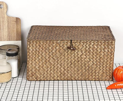 Hipiwe Wicker Shelf Baskets Bin with Lid, Handwoven Seagrass Basket Storage Bins Rectangular Household Basket Boxes for Shelf Wardrobe Home Organizer, Coffee X-Large