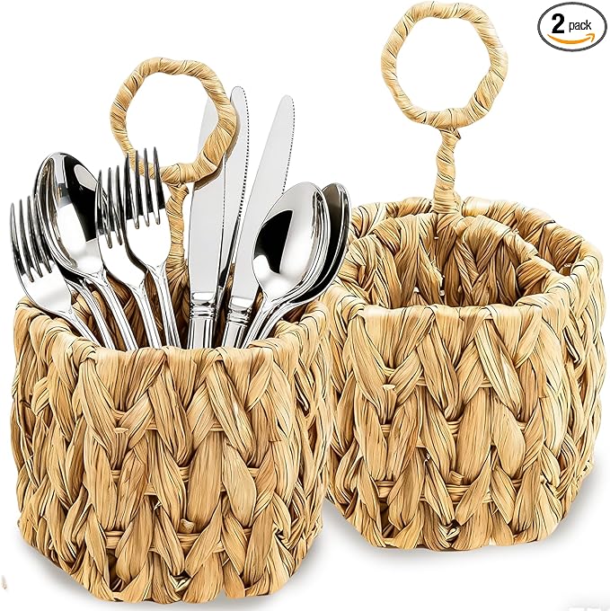 Hiceeden 2 Pack Woven Silverware Caddy with Handle, Natural Water Hyacinth Flatware Holder Organizer with 3 Compartments, Wicker Utensil Basket Cutlery for Kitchen Countertop, Picnic, Party, Hexagon