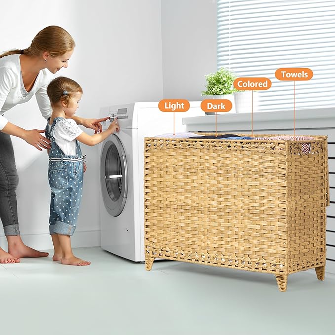 Laundry Hamper with 4 Removable Liner Bags; 176L Handwoven Rattan Laundry Basket with Lid & Heightened Feet; Clothes Hamper with Side Handles