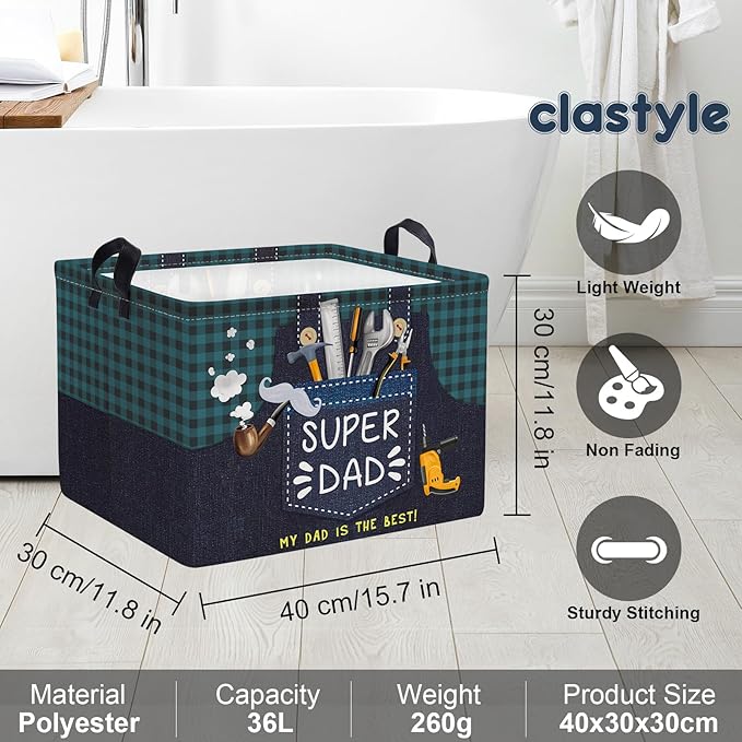 Clastyle Father‘s Day Gift Basket Empty for Dad Rectangle Plaid Tool Pipe Beard Storage Basket Clothes Book Storage Bin Organizer, Blue Apron, 40*30*30 cm
