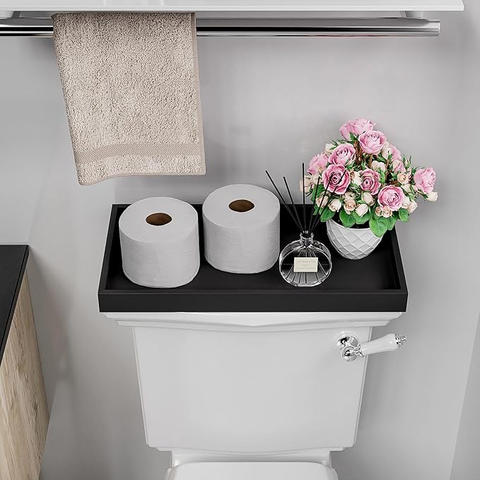 ZHWS Black Bathroom Vanity Tray for Countertop Perfume Makeup Jewelry Candle Decor, Kitchen Tray for Soap Dispenser Spice Salt, Large Black Tray for Toilet Tank Paper, Serving Nightstand 13”x6.5”