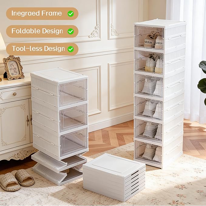ZLLZUU Shoe Storage Box, No-Assembly 6 Tiers Foldable Shoe Organizer with Clear Door, Space-saving Shoe Rack，Sturdy Clear Plastic Stackable Sneaker Container