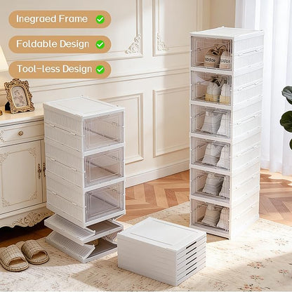 ZLLZUU Shoe Storage Box, No-Assembly 6 Tiers Foldable Shoe Organizer with Clear Door, Space-saving Shoe Rack，Sturdy Clear Plastic Stackable Sneaker Container