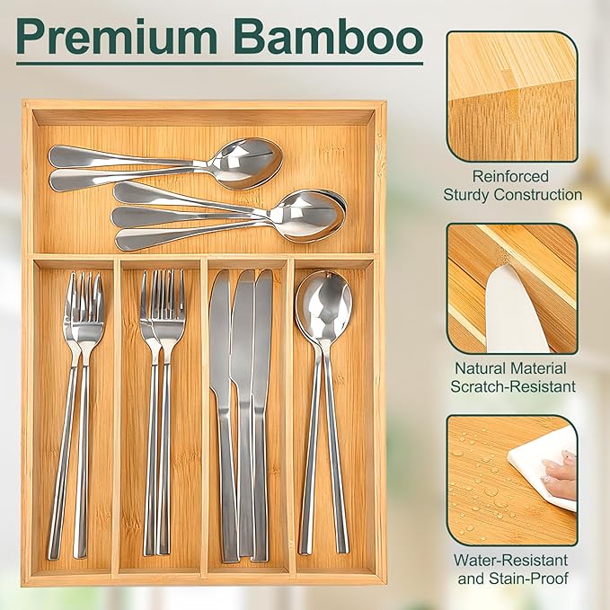 Silverware Drawer Storage, 5-Compartment Bamboo Cutlery Rack, Kitchen Cutlery Storage Box
