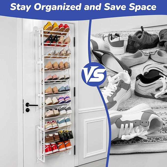 HUXOR 11 Tier Over The Door Shoe Organizer, Heavy-Duty Metal Shoe Rack for Door, Fit 22 Pairs Hanging Shoe Organizer for Sneakers, High Heel (White)