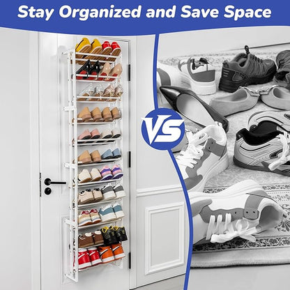 HUXOR 11 Tier Over The Door Shoe Organizer, Heavy-Duty Metal Shoe Rack for Door, Fit 22 Pairs Hanging Shoe Organizer for Sneakers, High Heel (White)