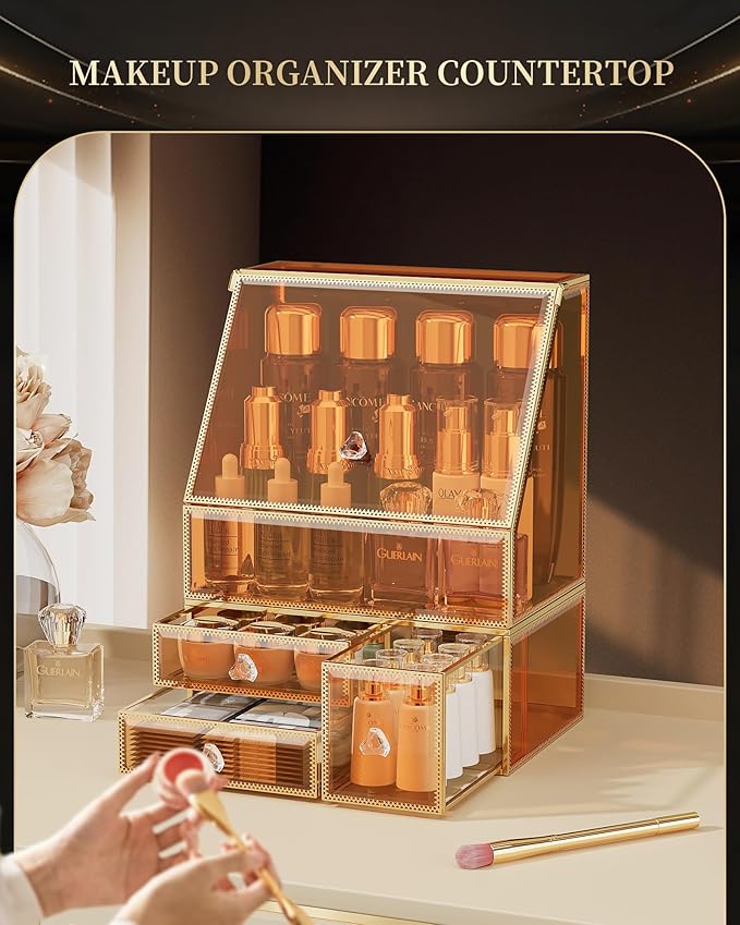 CoralHouse Makeup Organizer Countertop,Amber Makeup Organizer with Drawer, Skincare Holder for Bathroom Countertop,Cosmetic Display Case for Dresser