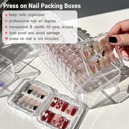 12Pcs Press on Nail Packaging Boxes, False Nail Container Organizer Clear Nail Display Case with 1 All-In-One Acrylic Storage Box and 30pcs Double-sided Adhesive Tape for Nail Art Salon Home Use