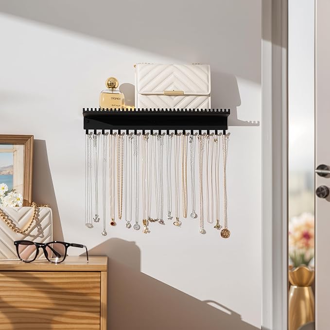 Necklace Holder Wall Hanging Organizer: Wall Mounted Jewelry Shelf with 56 Hooks and Tray, Display Hanger for Kids, Girls and Women, Black & Metal