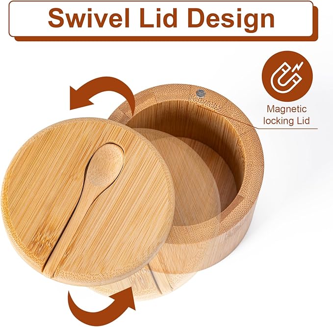 Husfunov Bamboo Salt Cellar, Salt Box with Magnetic Swivel Lid, Spice Box with Spoon, Round Salt Container for Storing Salt Pepper Sugar Herbs,6 Ounce Capacity