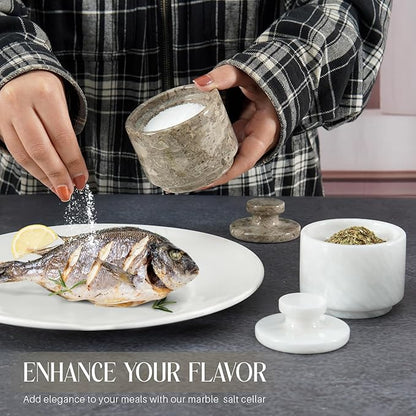 MARBLOUS KRAFTS Marble Salt Cellar with Lid 3" White and Oceanic Celtic Salt & Pepper Containers, Perfect for Home & Kitchen, Salt & Sugar Bowls, Spring Table Decor, Gift for Mom