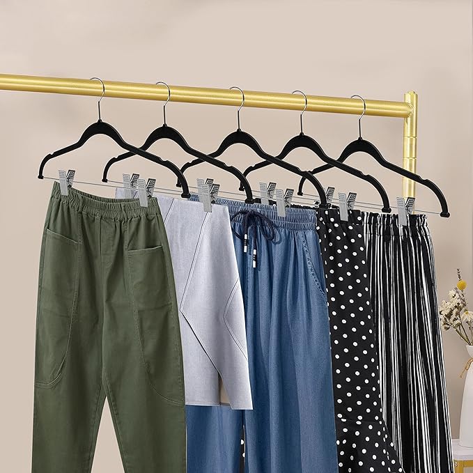 Quality Plastic 20-Pack - Non Velvet Non-Flocked Thin Compact Coat Hangers with Metal Clips for Skirts Pants Blouses - 360° Swivel Hook (Black, 20)