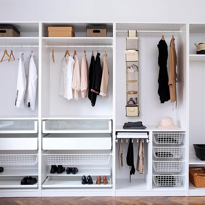 Relaxdays Wardrobe Hanging Shelf, 7 Compartments, Fabric, 106 x 16.5 x 31 cm, 2 Drawers, Clothes Organiser, Beige